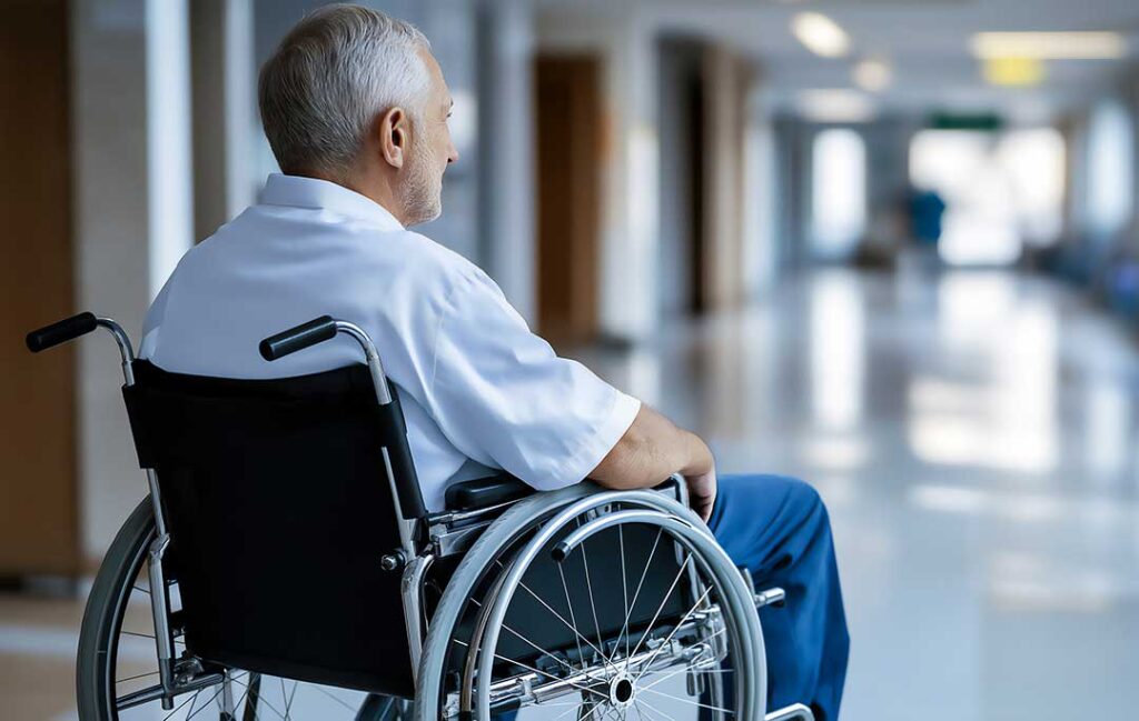 An older adult and family member review medications and daily routines at a kitchen table.